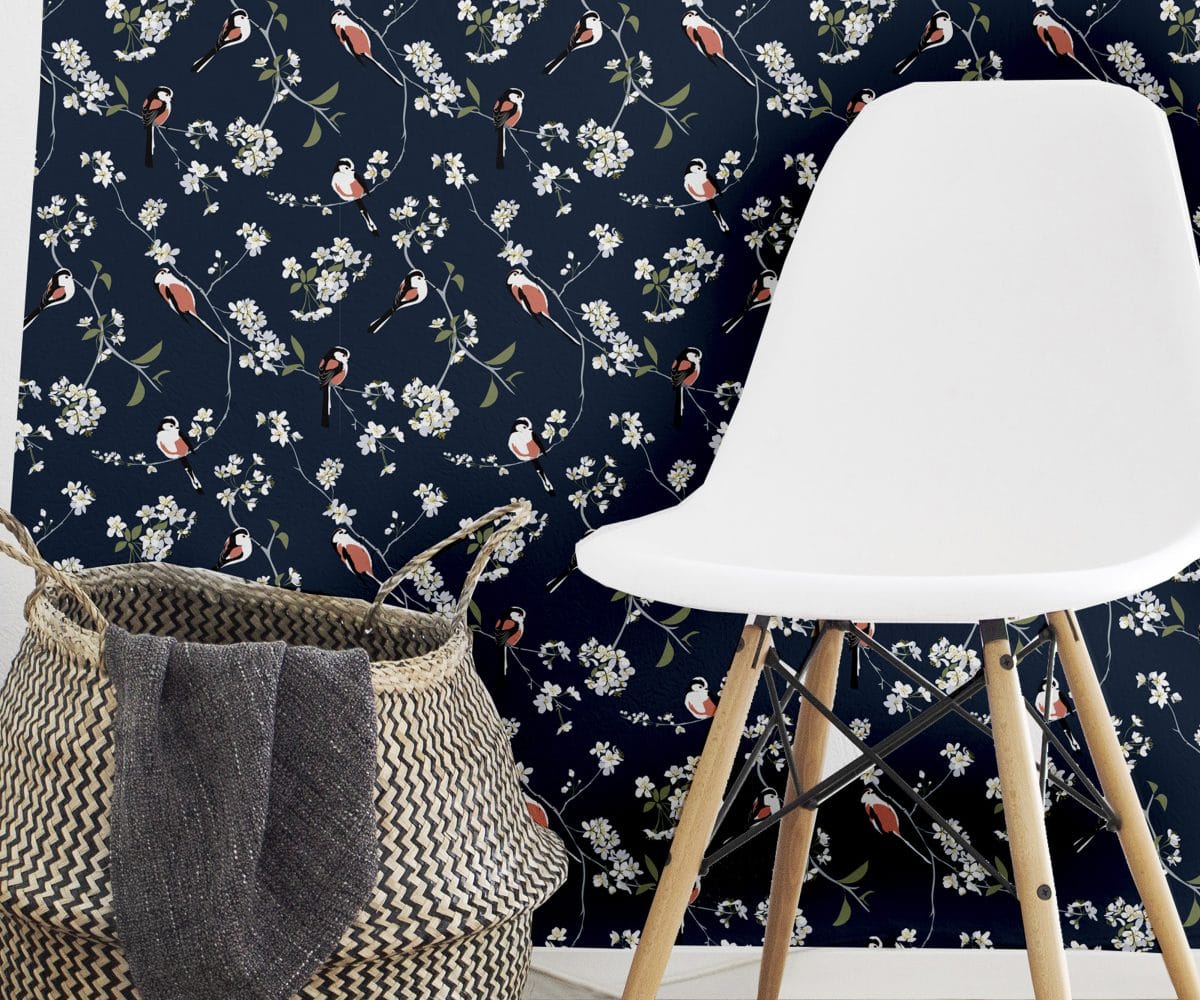 wallpaper, wallpaper deisgn, british wallpaper designer, designer home, long tailed tit wallpaper navy wallpaper RSPB blossom and bird navy wallpaper designed by Lorna Syson