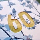 personalised 60th birthday card. Luxury designer greeting card with bluebell design. Bespoke cut out numbers