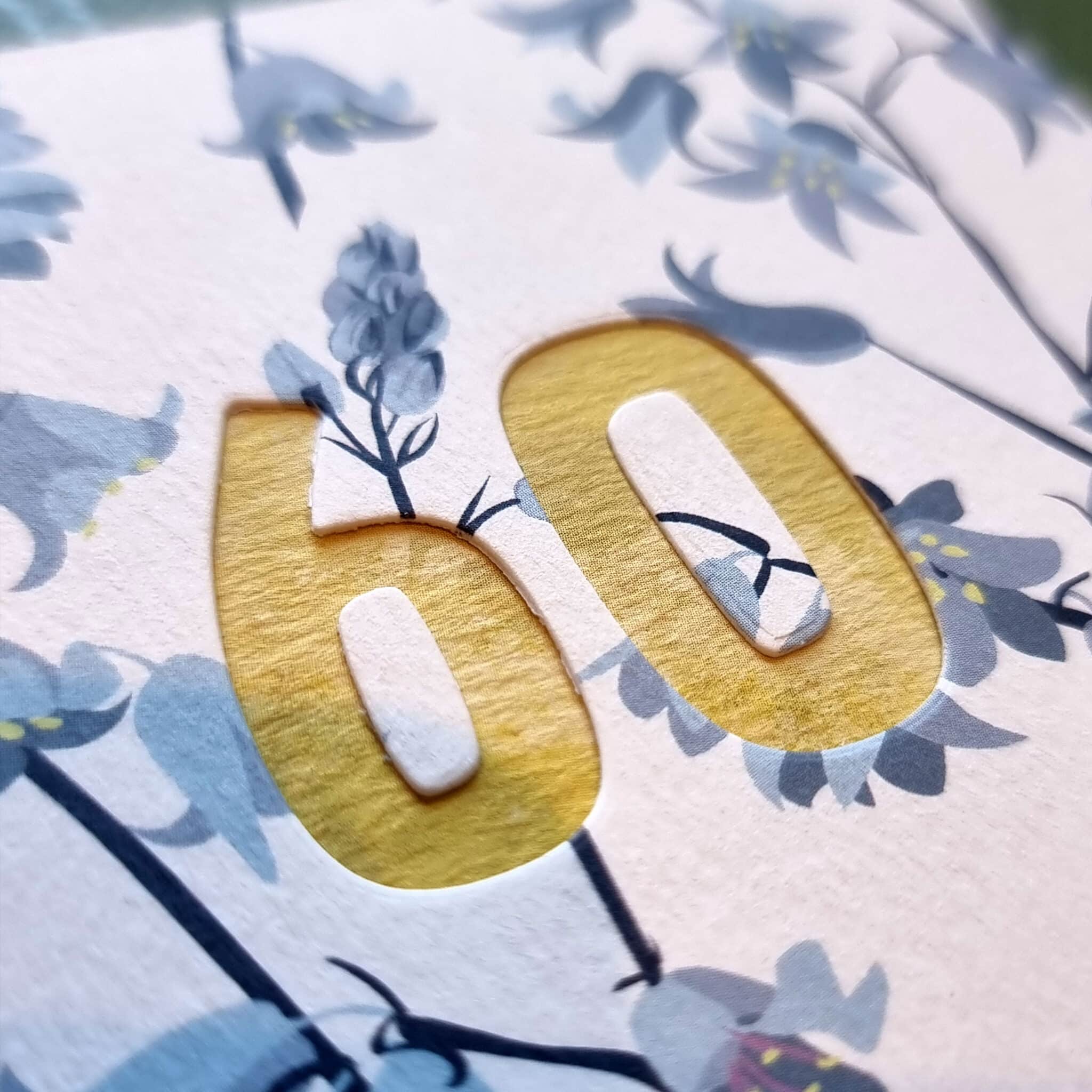 personalised 60th birthday card. Luxury designer greeting card with bluebell design. Bespoke cut out numbers