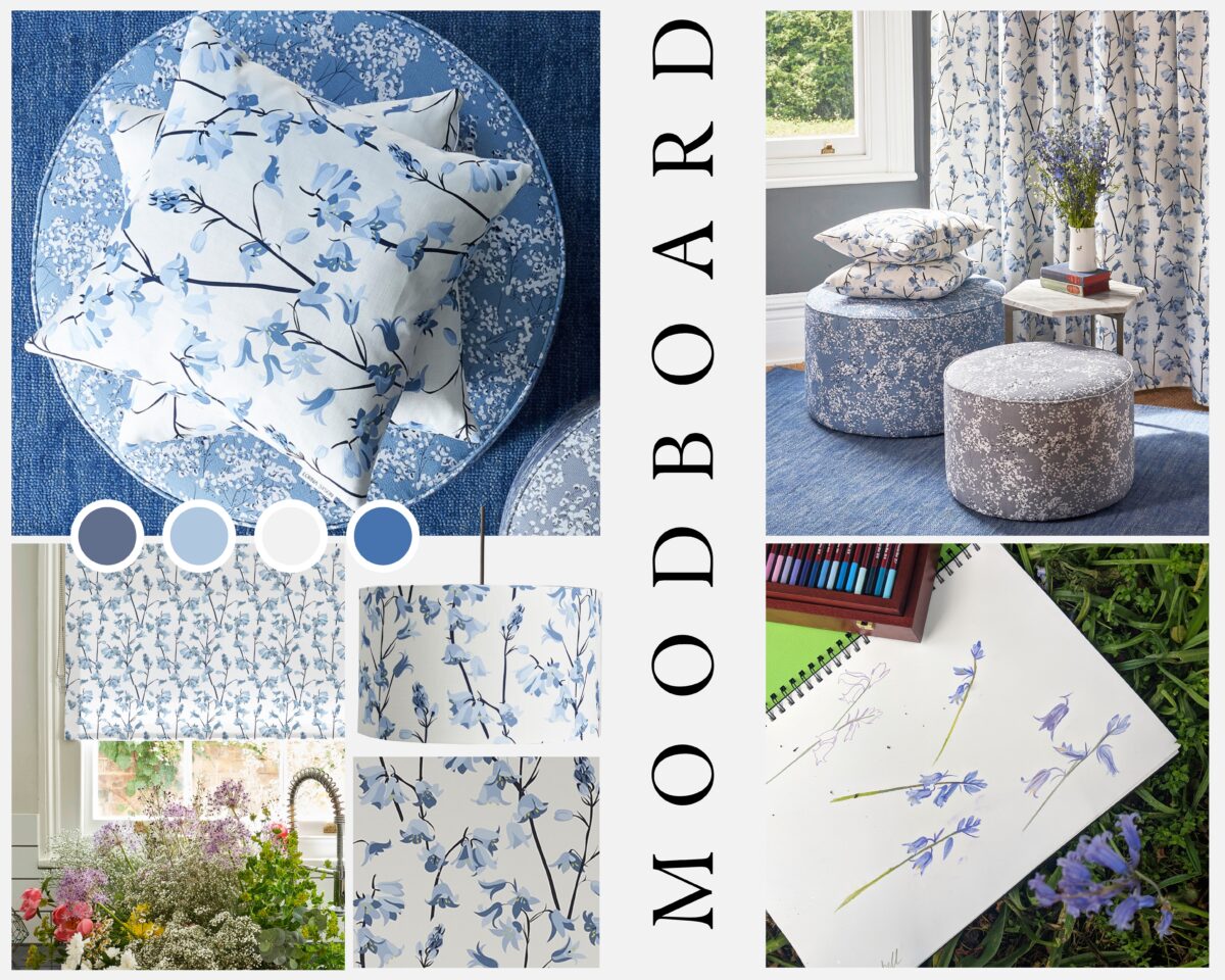 Colours to match bluebell wallpaper, cushions, Moodboard
