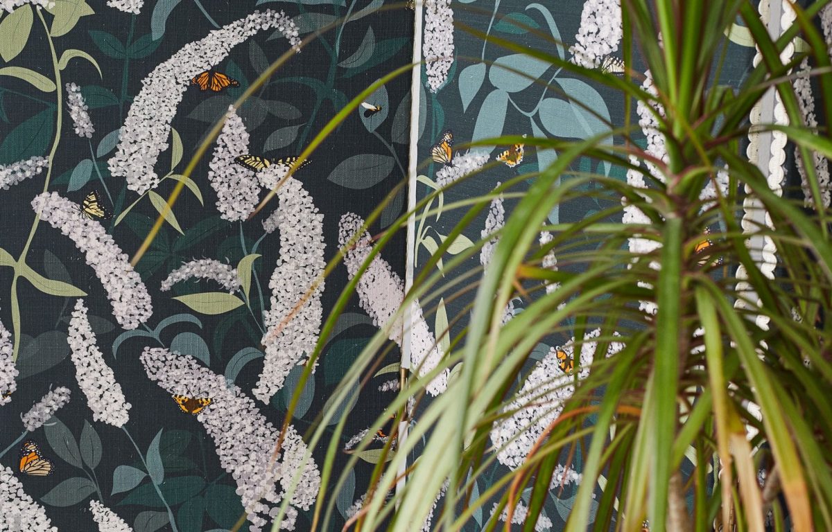 Green butterfly fabric screen - Bees and Buddleia - Lorna Syson