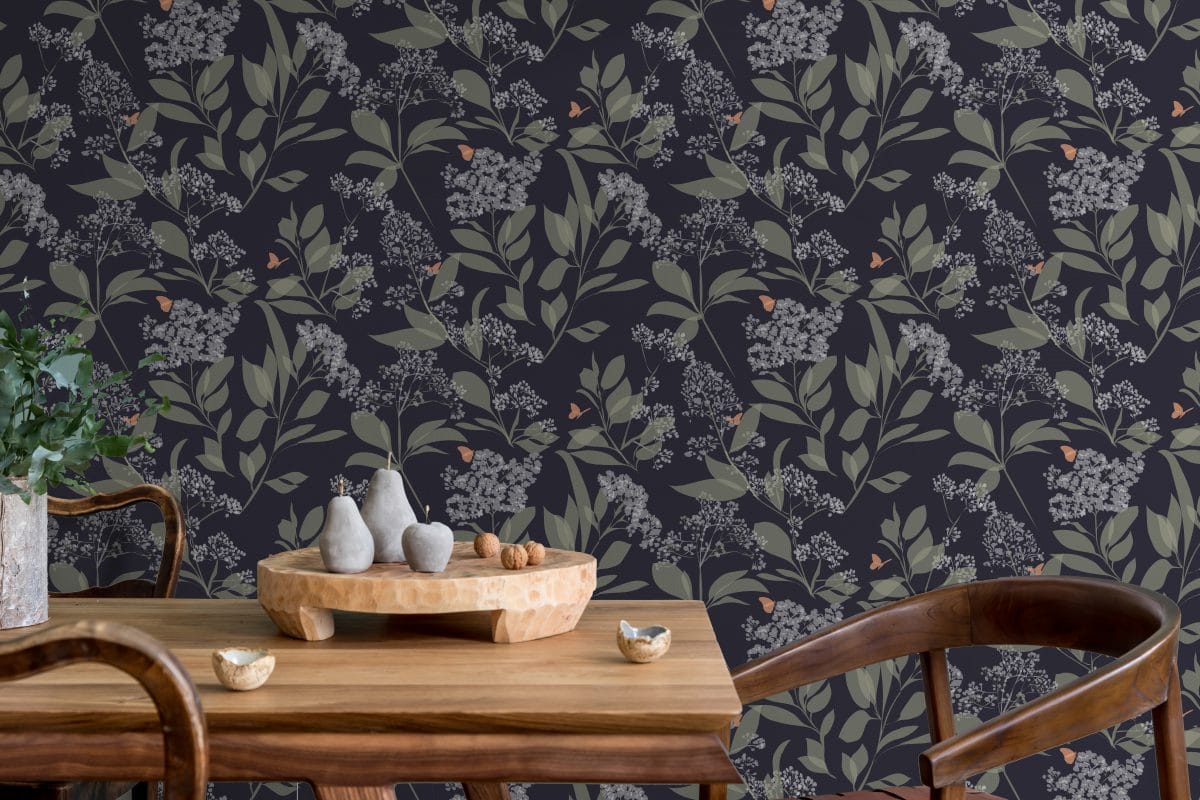 Blue Dark Green Bird Floral Designer Wallpaper UK Luxury British Birds Handmade Patterns Designer Lorna Syson Butterfly Flora Fauna buds and butterflies