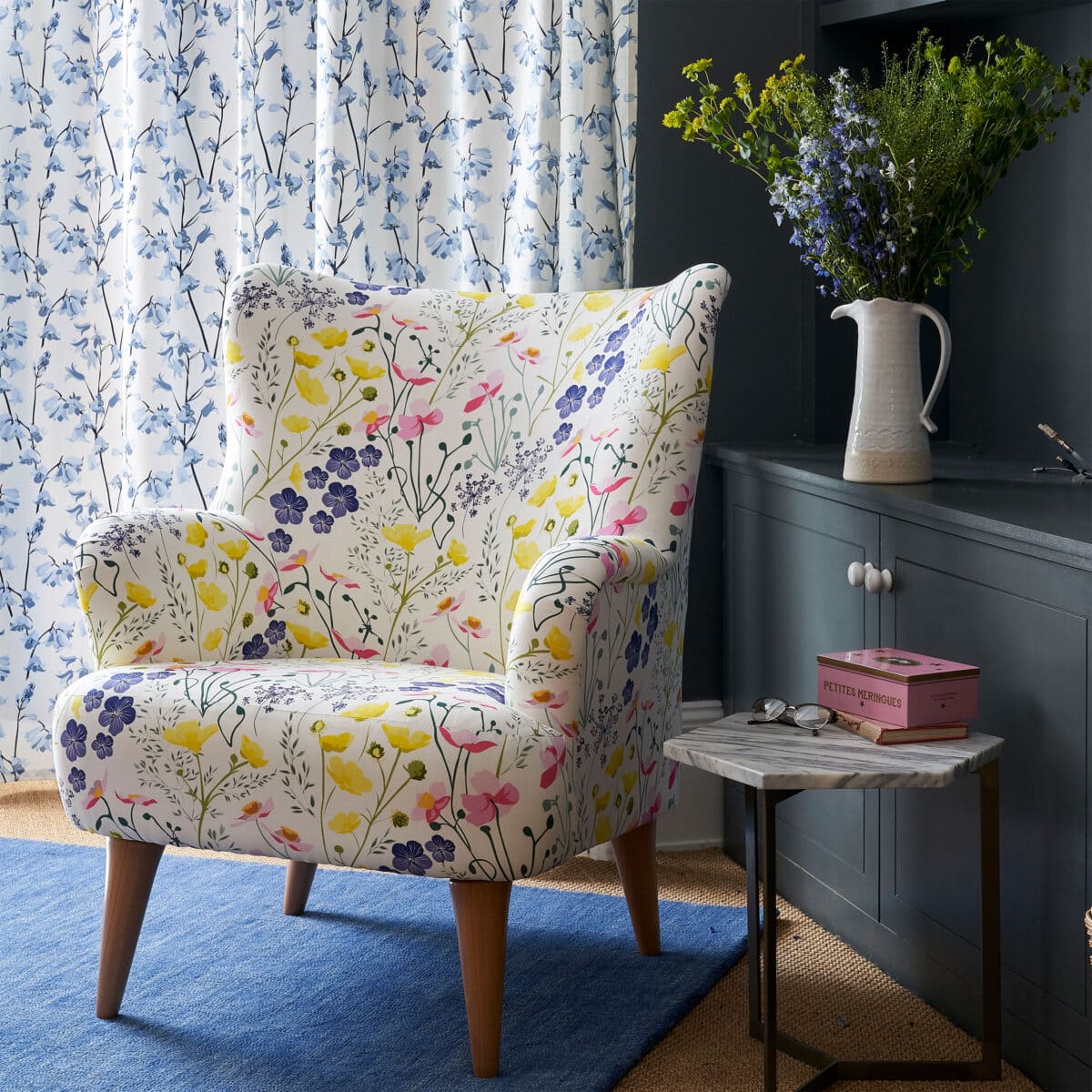 Meadow upholster chair with Lorna Syson fabric, luxury 100% cotton floral fabric