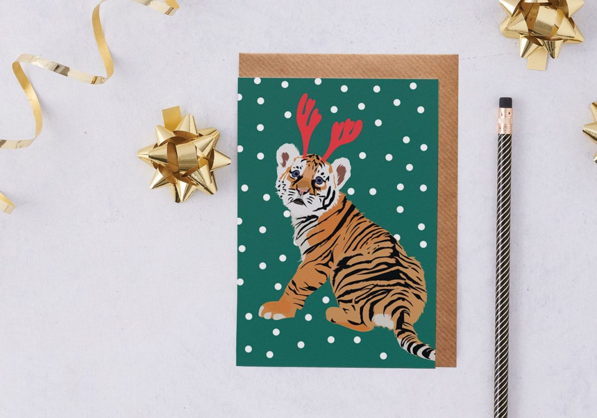 Christmas Card Luxury Designer Personalised Message Sustainable Environmentally Friendly paper from an FSC-certified supplier Plastic Free - christmas tiger - christmas greetings card - antlers - stationery