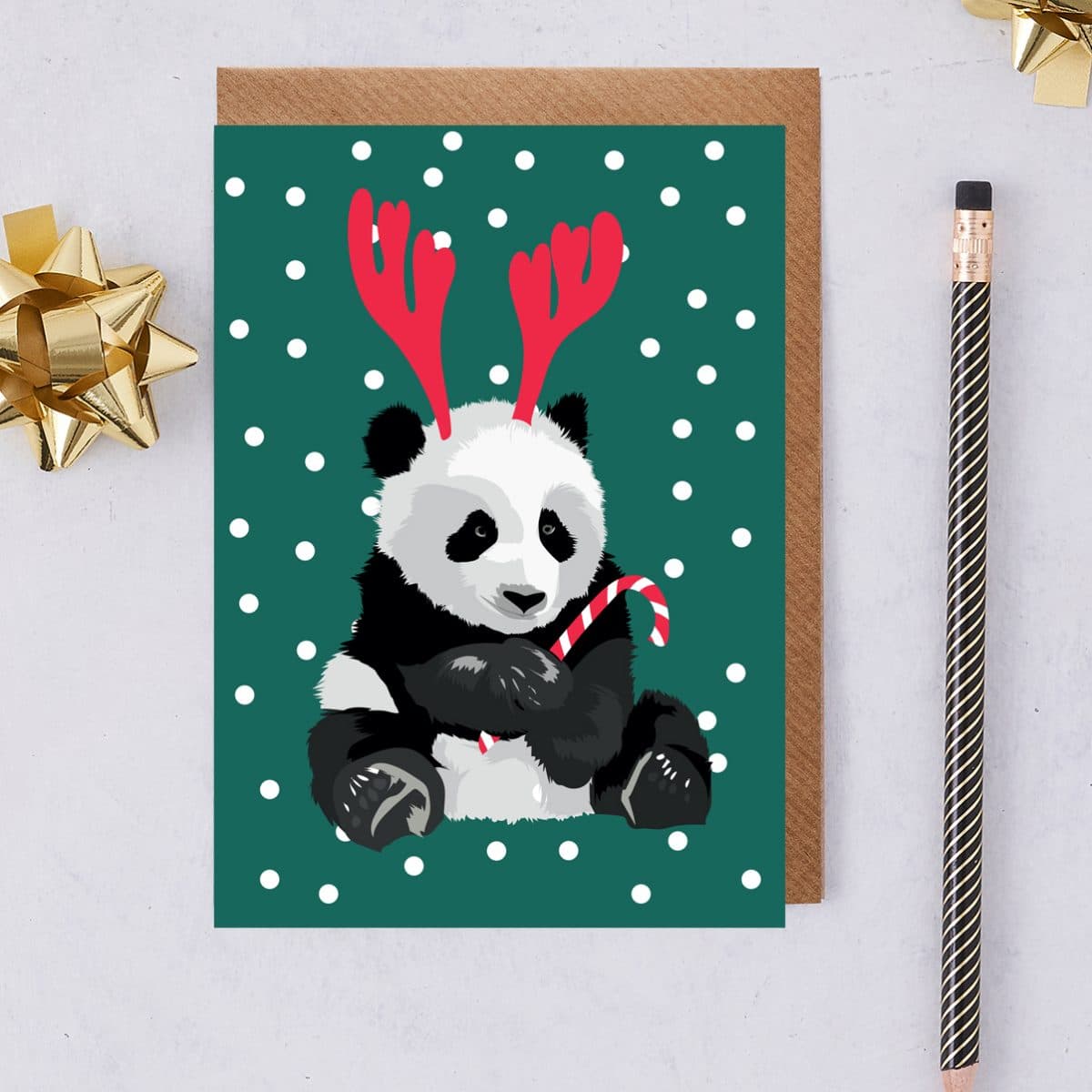 Christmas Card Luxury Designer Personalised Message Sustainable Environmentally Friendly paper from an FSC-certified supplier Plastic Free - Christmas panda called jenny