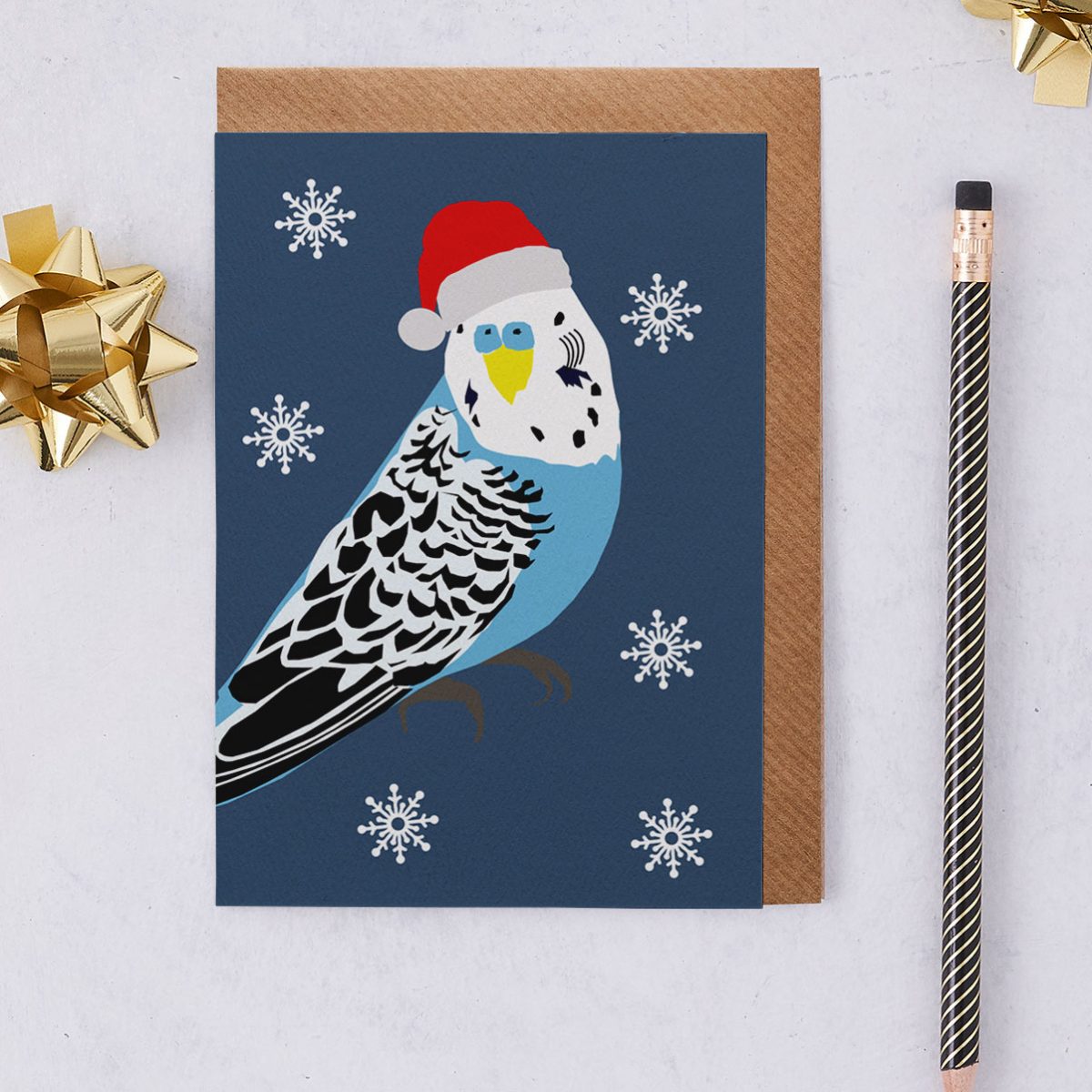 Christmas Card Luxury Designer Personalised Message Sustainable Environmentally Friendly paper from an FSC-certified supplier Plastic Free - christmas budgie