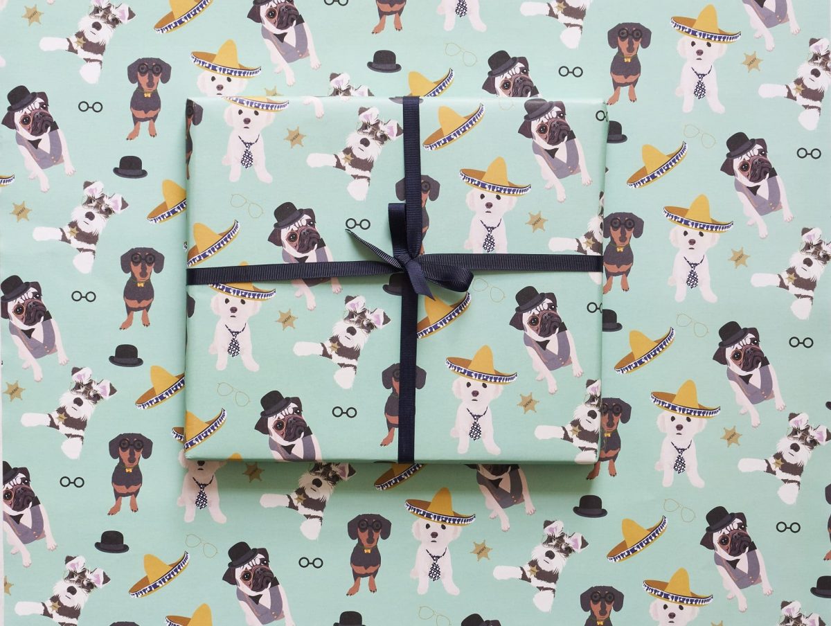 dog wrapping paper with pug, sausage dog and other popular dogs