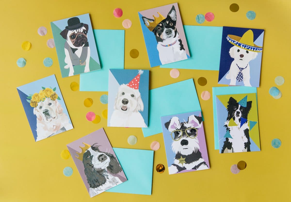 luxury greeting card, eco-friendly greeting card, dog greeting card. birthday card, stationery, Alfie the Bichon Frise, Ellie the Golden Retriever, Monty the Schnauzer, Myrtle the Spaniel, Parker the Cockapoo, Jess the Boarder Collie, Otis the Pug and Truffle the Chihuahua, dog stationery, british greeting card, british stationery