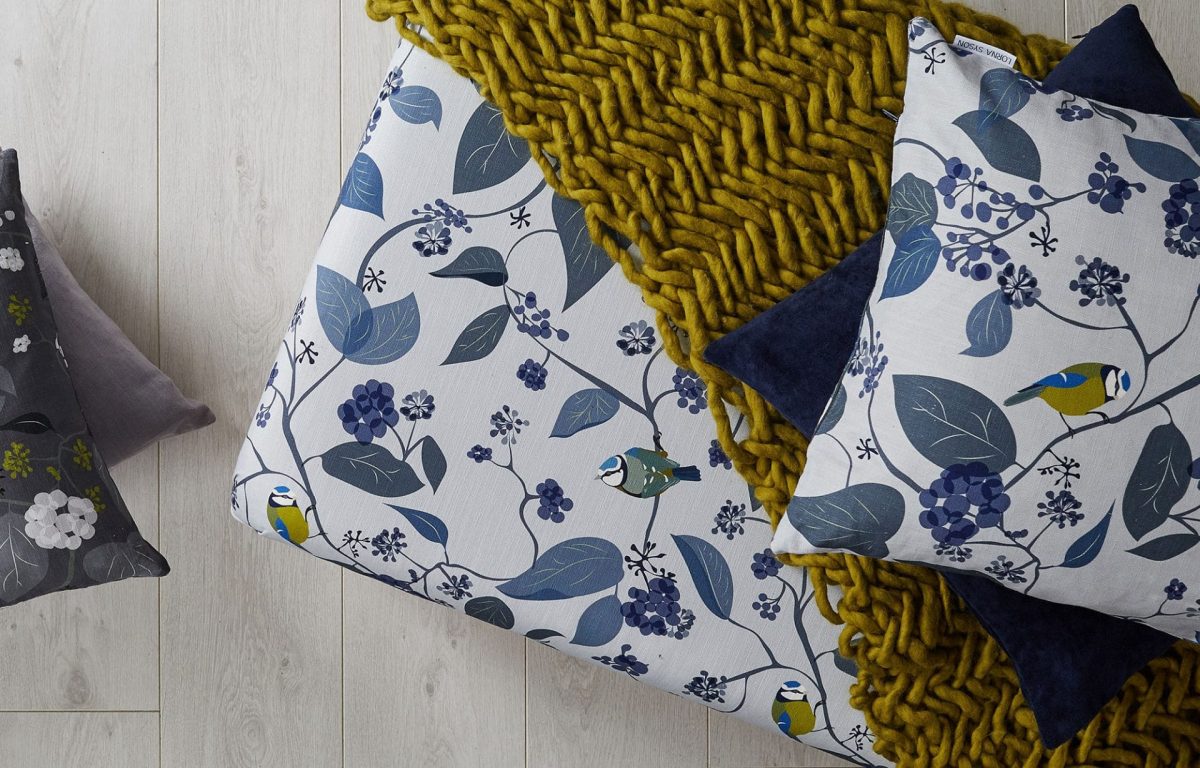 Blue Tit Upholstered Footstool - Fabric for cushions - Blue Tit Bird
