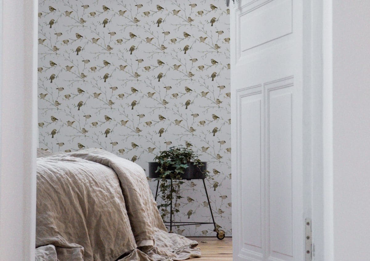 brown and beige Bird Floral Designer Wallpaper UK Luxury British Birds Handmade Patterns Designer Lorna Syson Butterfly Flora Fauna Watlington Oxford goldcrest