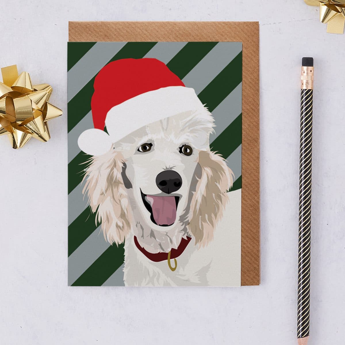 Christmas Card Luxury Designer Personalised Message Sustainable Environmentally Friendly paper from an FSC-certified supplier Plastic Free - Christmas Poodle called Harley