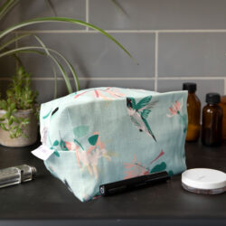 hummingbird and honeysuckle design, great tit design, make up bag, toiletries bag, cosmetic bag, wash bag, made in the UK, 100% cotton, bird make up bag