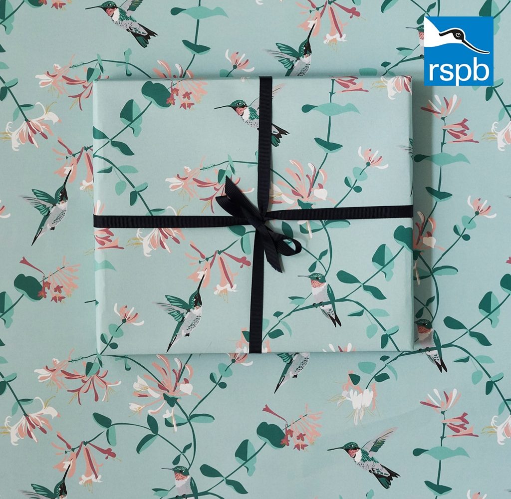 wrapping paper, luxury wrapping paper, gift wrap, plastic free, paper from an FSC-certified supplier, enviromentally friendly, sustainable, birthday paper, birthday wrapping paper. gifts, RSPB, bird design hummingbird mint wrapping paper by Lorna Syson in collaboration with the RSPB