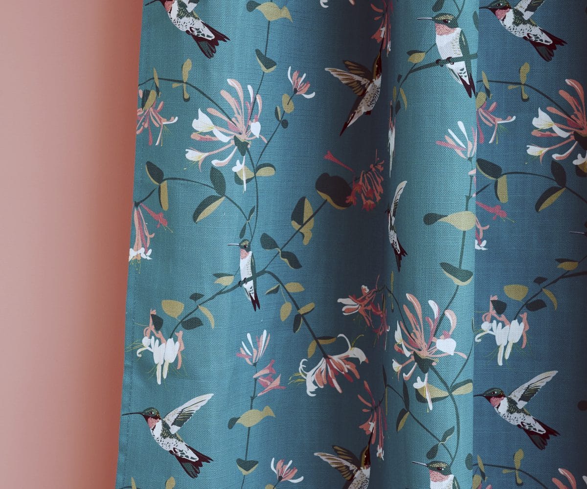 hummingbird teal RSPB fabric designed by Lorna Syson