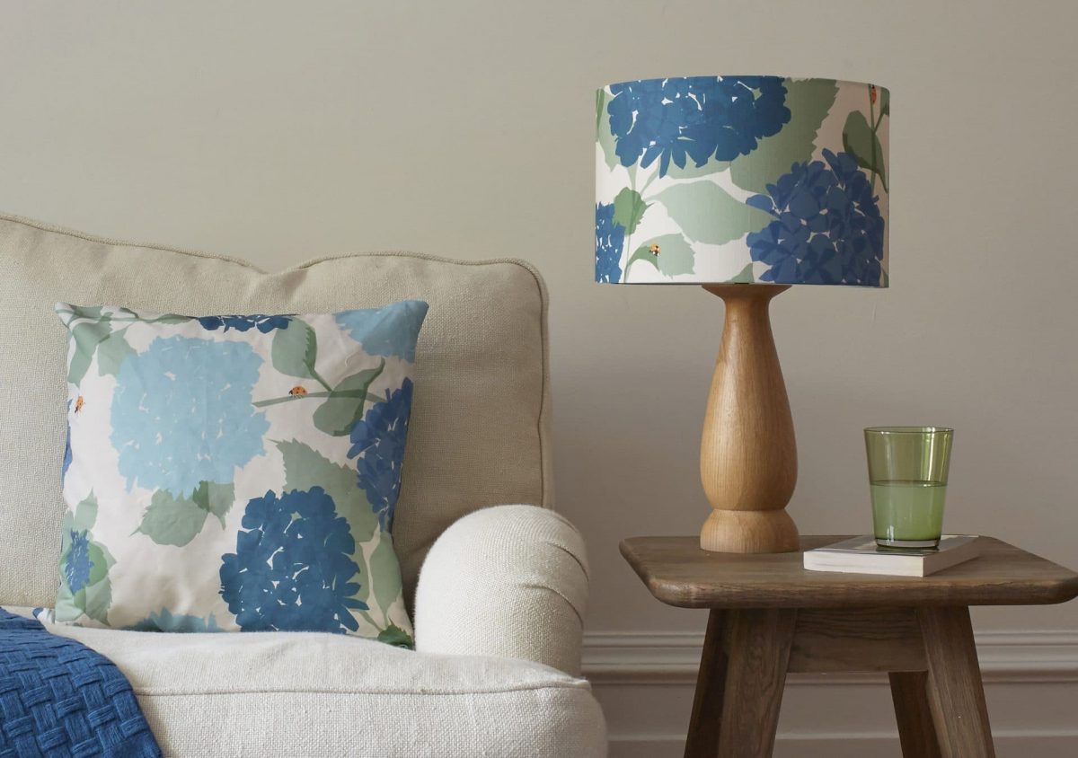 hydrangea design lampshade with hand turned oak lamp base