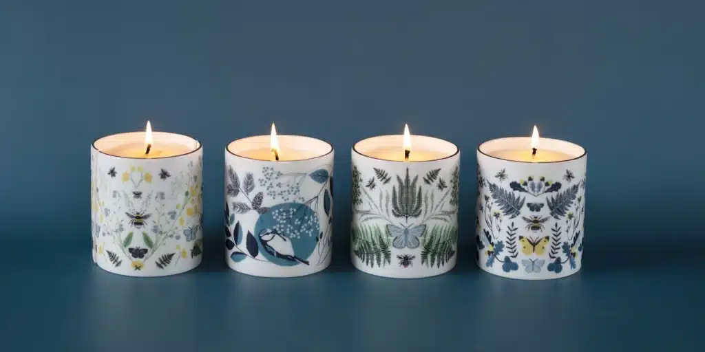 Ceramic candle pot decorated with an illustrated bird and floral pattern, matching the same design found on Lorna Syson homewares