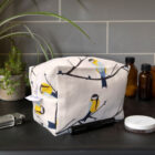 juneberry and bird, great tit design, make up bag, toiletries bag, cosmetic bag, wash bag, made in the UK, 100% cotton, bird make up bag