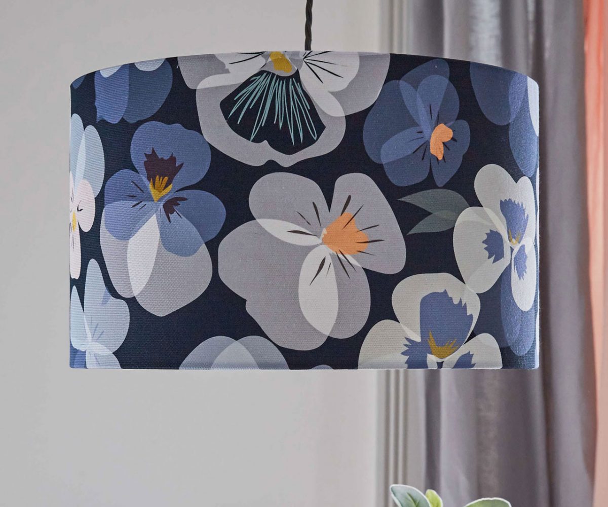floral lampshade - pansy design - blue and pink hues - lorna syson homeware