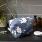 long tailed tit bird, magnolia branches make up bag, toiletries bag, cosmetic bag, wash bag, made in the UK, 100% cotton, bird make up bag