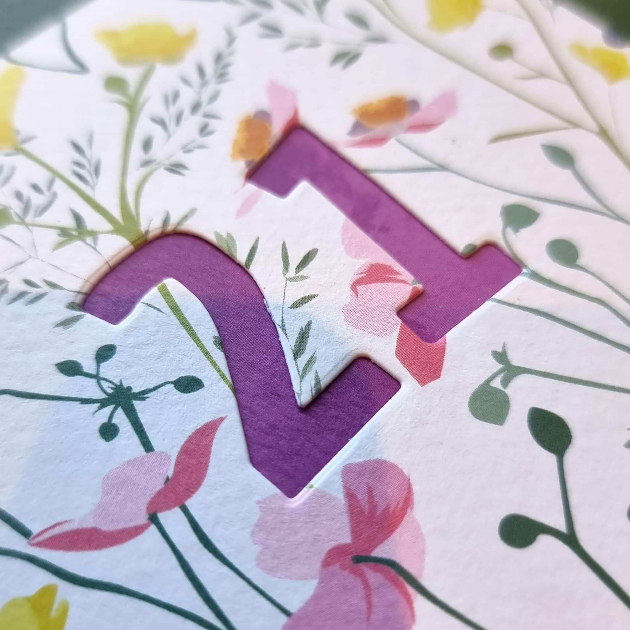 personalised 60th birthday card. Luxury designer greeting card with bluebell design. Bespoke cut out numbers. meadow design, 21st birthday, bespoke age card