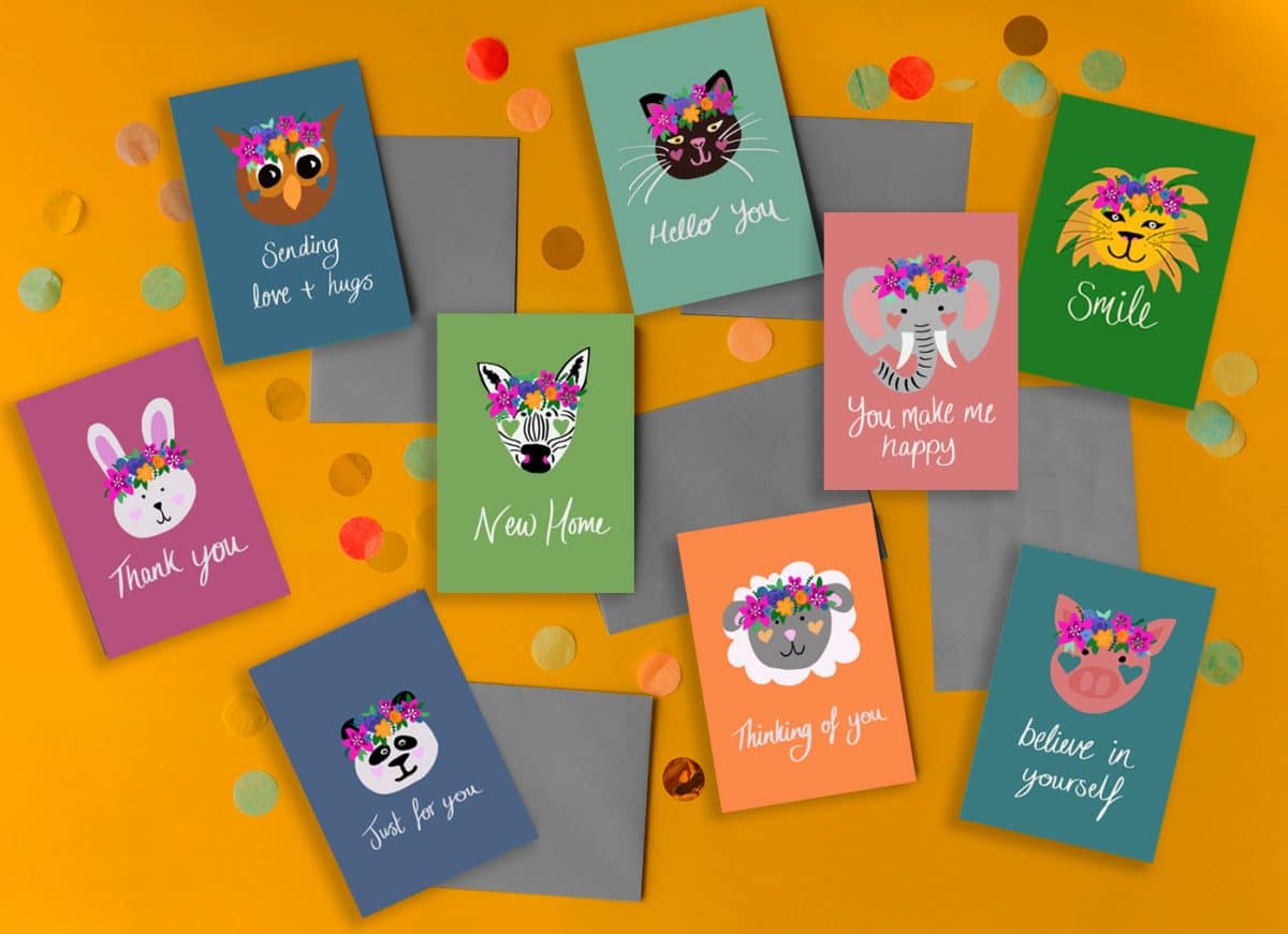 greeting card sustainable plastic free recycled FSC british design made in UK animal faces with flower crowns greeting card pack