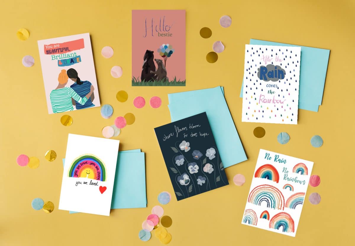 Pack of 6 good times friendship greeting cards with rainbows and flowers luxury British printed FSC greeting cards