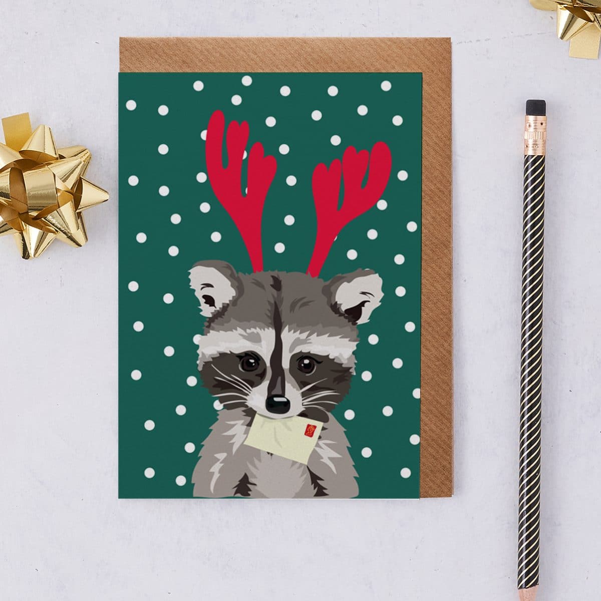 Christmas Card Luxury Designer Personalised Message Sustainable Environmentally Friendly paper from an FSC-certified supplier Plastic Free - Rebecca the Christmas racoon