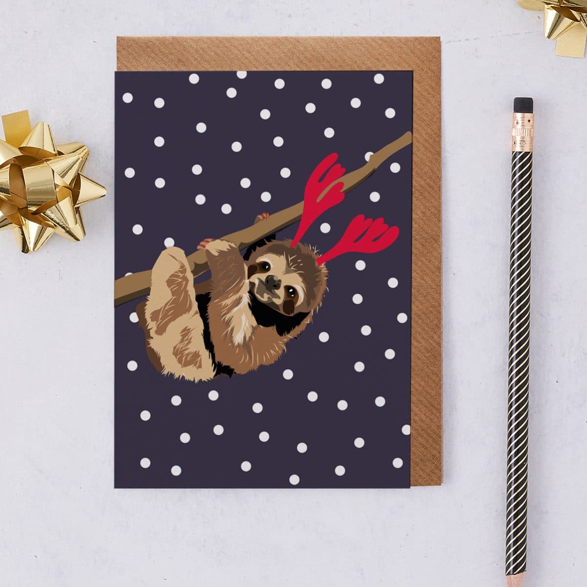 Christmas Card Luxury Designer Personalised Message Sustainable Environmentally Friendly paper from an FSC-certified supplier Plastic Free - Ria the Christmas sloth greeting card