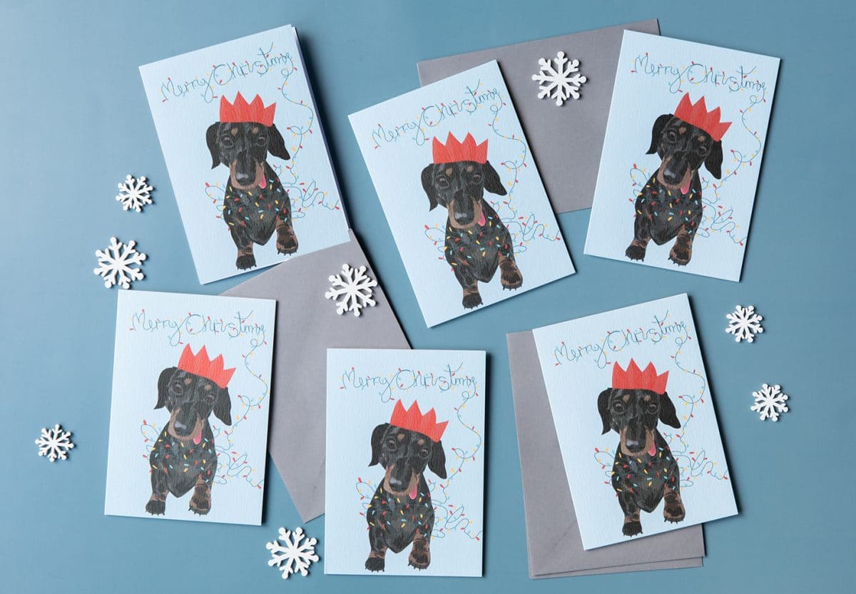 sausage dog,christmas sausage dog, christmas dog card, merry christmas dog card, sausage dog christmas card, party hat, christmas lights, eco-friendly, plastic free, paper from an FSC-certified supplier, luxury christmas card, recycled chritmas card
