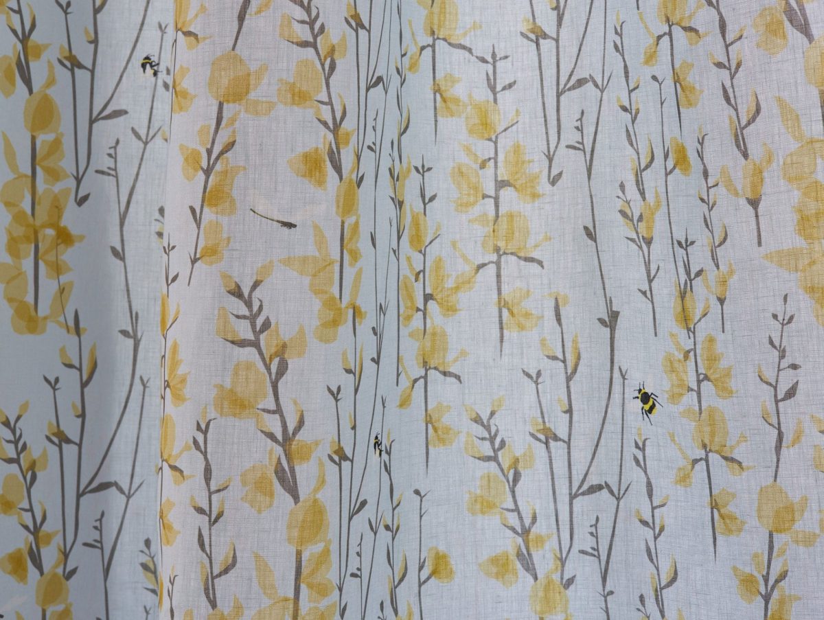 broom and bee fabric - sky blue and yellow - fabric by the linear metre - lorna syson living