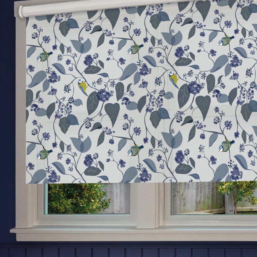 Spring Ivy Blue Roller Blind - Blue Tit Bird and Foliage - Lorna Syson