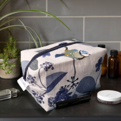 spring ivy blue, blue tit bird, ivy design make up bag, toiletries bag, cosmetic bag, wash bag, made in the UK, 100% cotton, bird make up bag