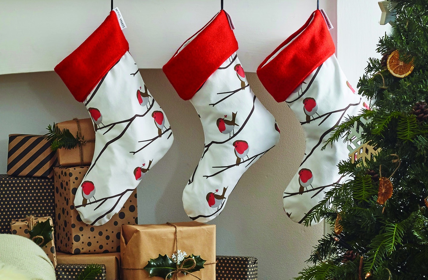 Robin Christmas stockings by Lorna Syson. Hand made in the UK