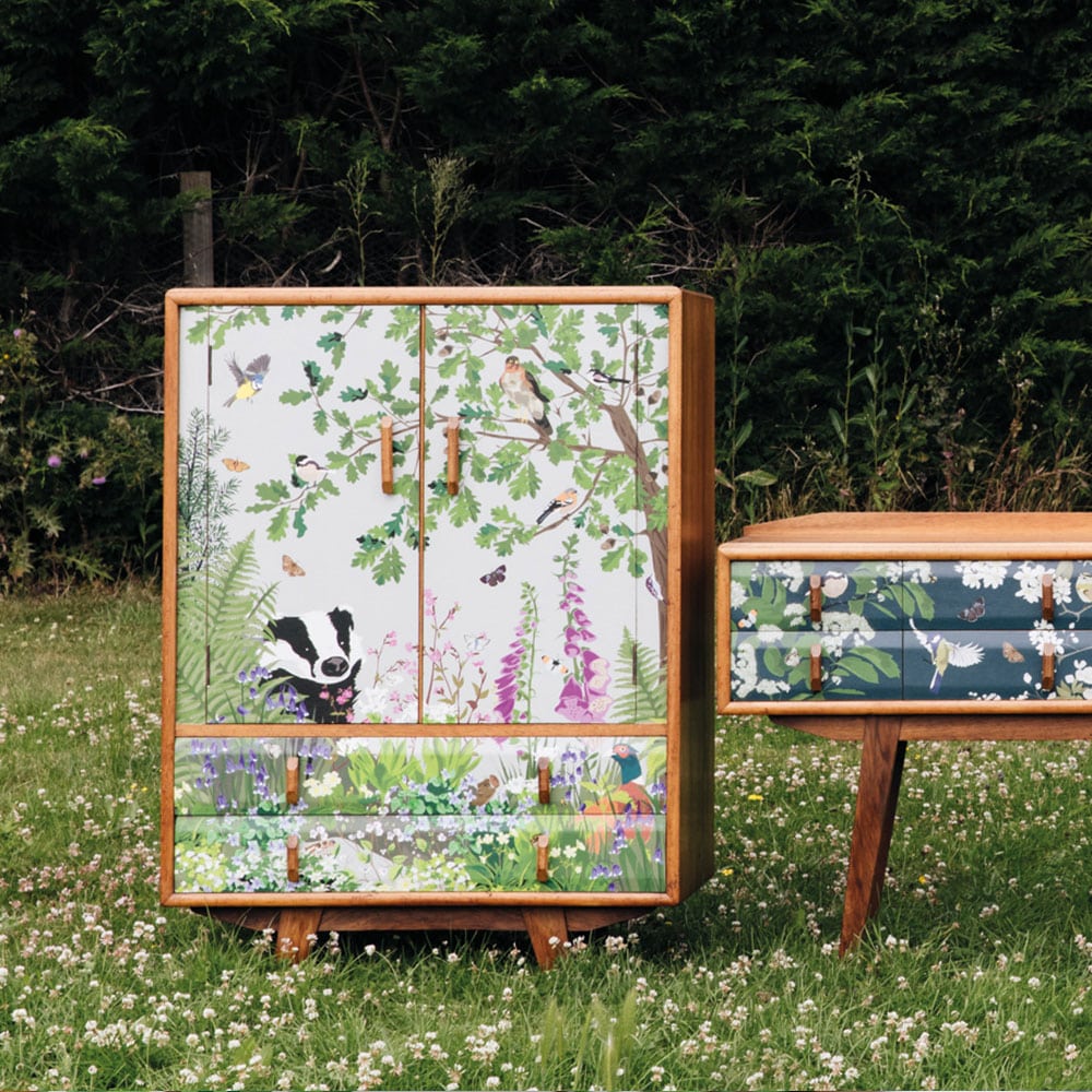 syson whyte Lorna Syson emma whyte woodland furniture upcycled furniture badger illustration collaboration bespoke furniture woodland design countryside chest of drawers wardrobe british design