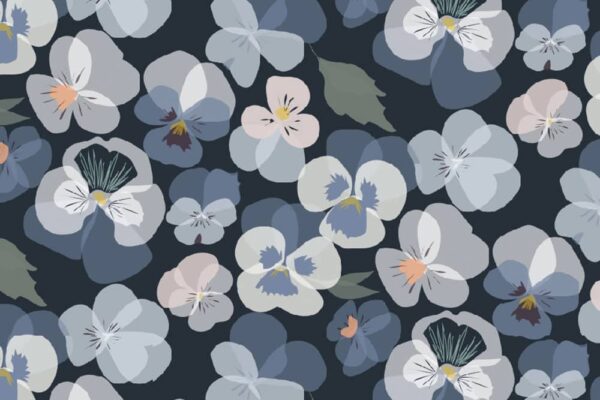 Blue floral wallpaper for living room - Pansy flowers - Lorna Syson