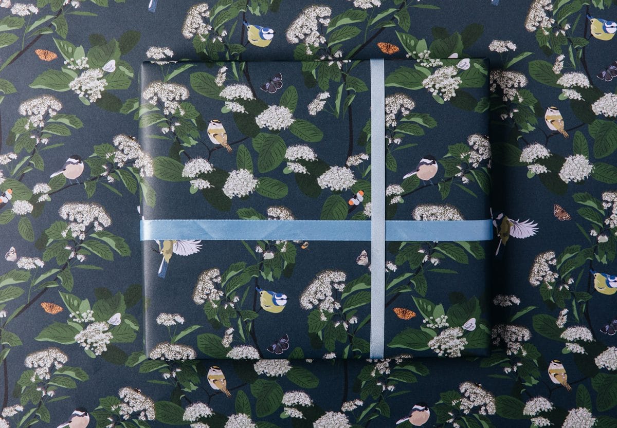 wrapping paper, luxury wrapping paper, gift wrap, plastic free, paper from an FSC-certified supplier, enviromentally friendly, sustainable, birthday paper, birthday wrapping paper. gifts, RSPB, bird design wildlife wrapping paper blue tit gift wrap