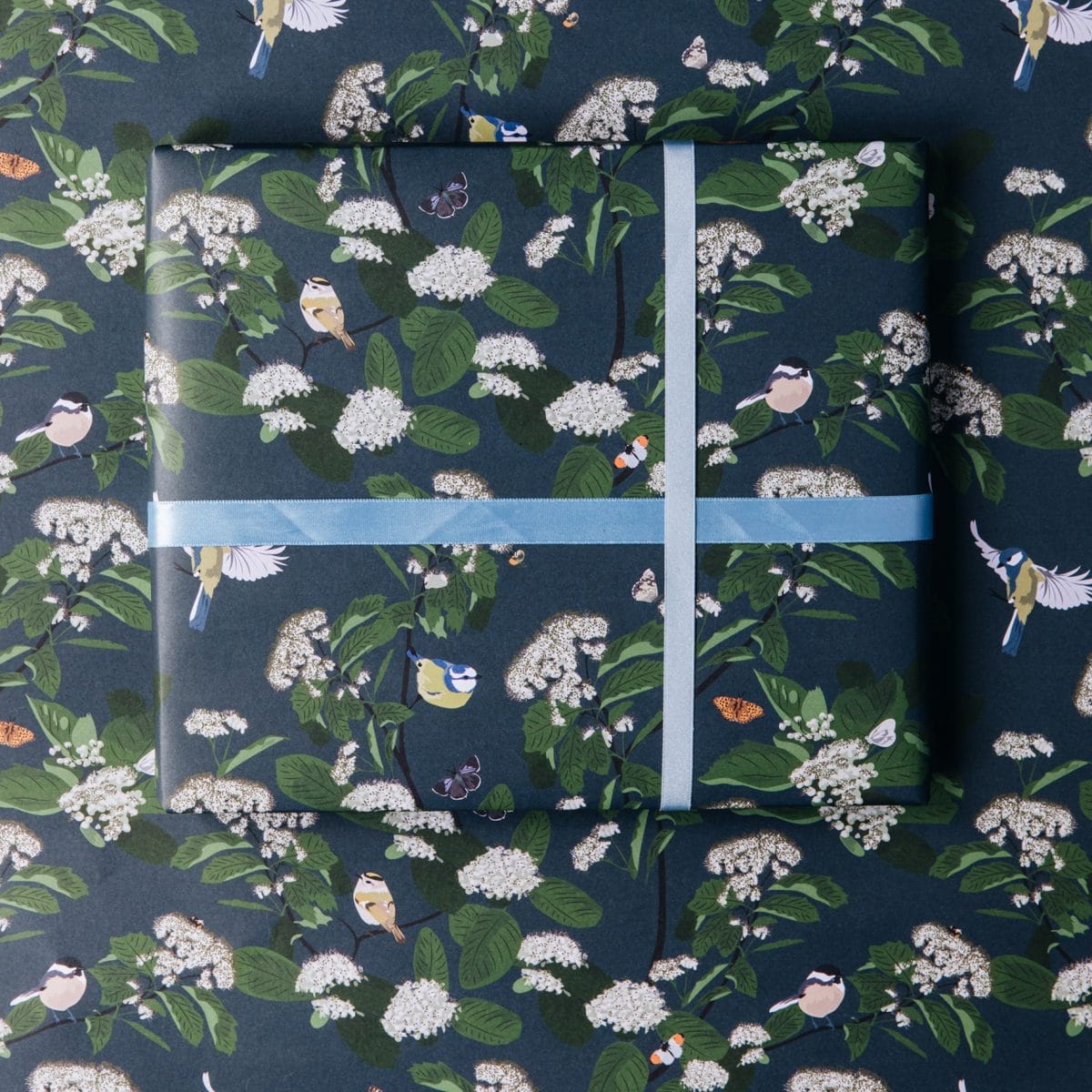 wrapping paper, luxury wrapping paper, gift wrap, plastic free, paper from an FSC-certified supplier, enviromentally friendly, sustainable, birthday paper, birthday wrapping paper. gifts, RSPB, bird design wildlife wrapping paper blue tit gift wrap