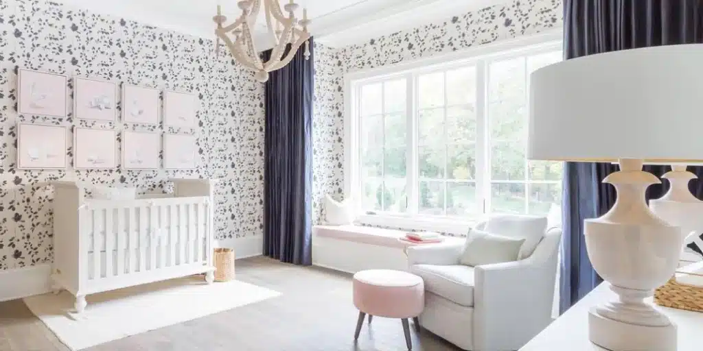 Wren and cherry bird wallpaper used in nursery by award winning british designer Lorna Syson