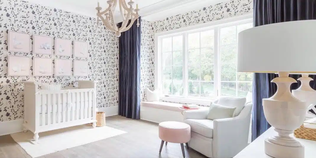 Wren and cherry bird wallpaper used in nursery by award winning british designer Lorna Syson