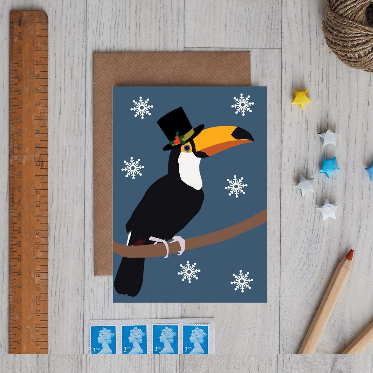 Christmas Card Luxury Designer Personalised Message Sustainable Environmentally Friendly paper from an FSC-certified supplier Plastic Free - Christmas toucan card designed by lorna syson